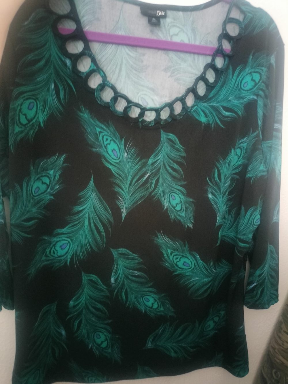 East 5th Black Top with Teal Peacock Feather Print Shirt XL